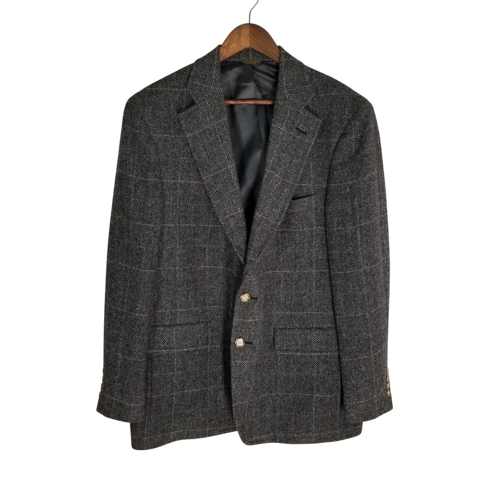 Palm Beach Vintage Mens Wool‎ Herringbone Windowpane Sport Coat Blazer Grey 44R
